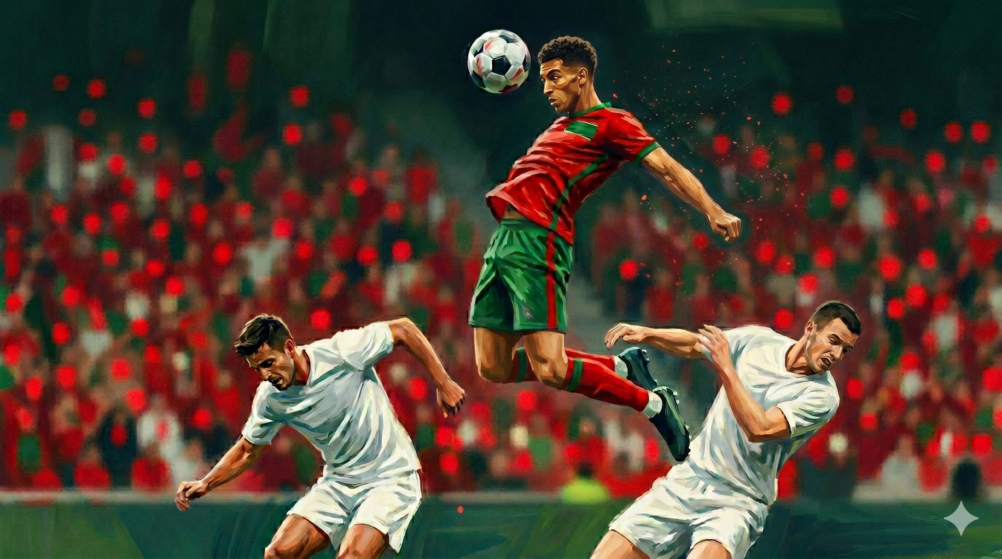 Un jugador con uniforme rojo y verde saltando alto para cabecear un balón sobre dos defensores