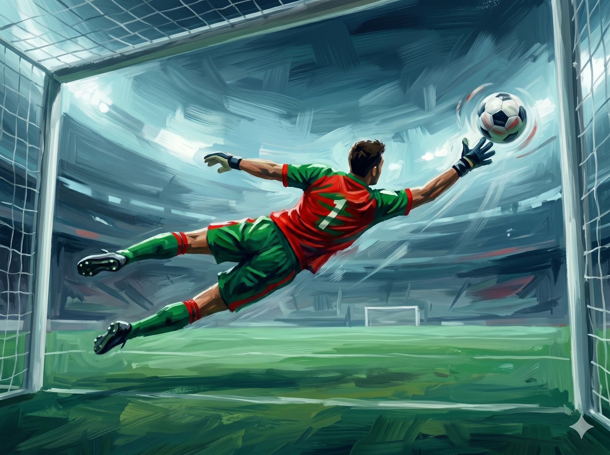Un portero con uniforme rojo y verde estirándose horizontalmente para desviar un penal