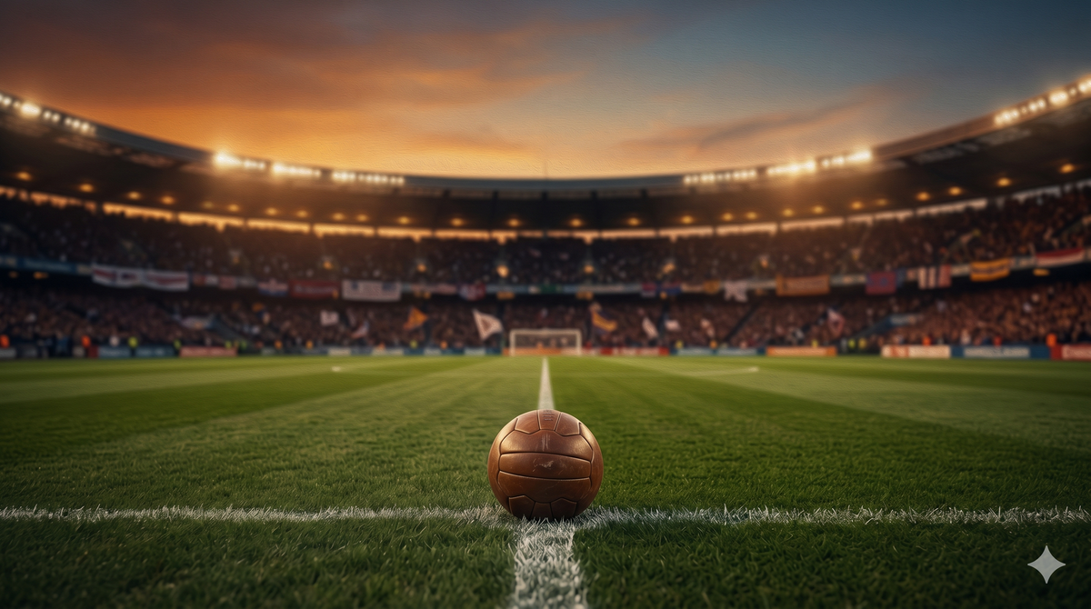 Un balón de fútbol en el centro de una cancha vacía al atardecer, con el estadio iluminado al fondo