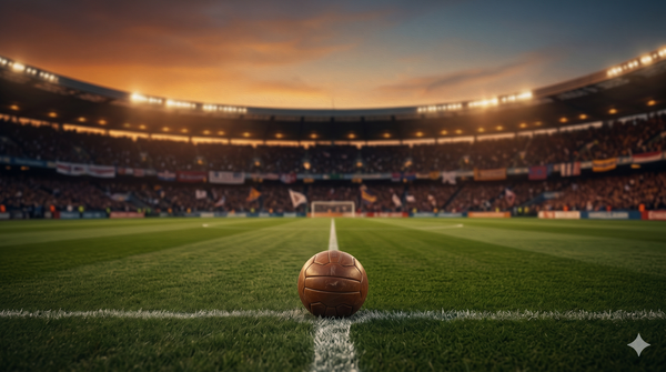 Un balón de fútbol en el centro de una cancha vacía al atardecer, con el estadio iluminado al fondo