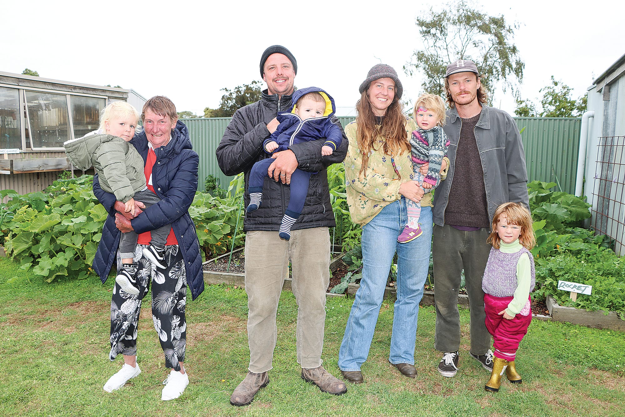 Glenda holds Augie, with Jack and Louie, Jemima and Valeries, Jake and Ringo at Glenda’s Gourmet Garden in Wonthaggi.