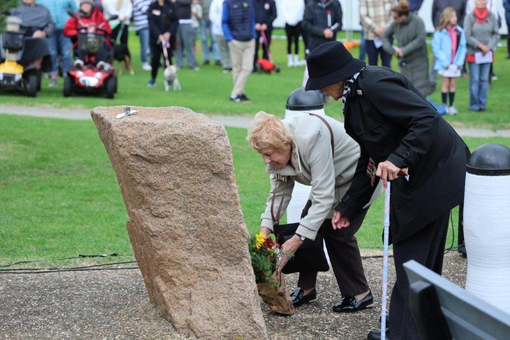 Marian Brennan and Maureen Matthews lay a wreath at San Remo on behalf of the Phillip Island and San Remo Legacy Widows.