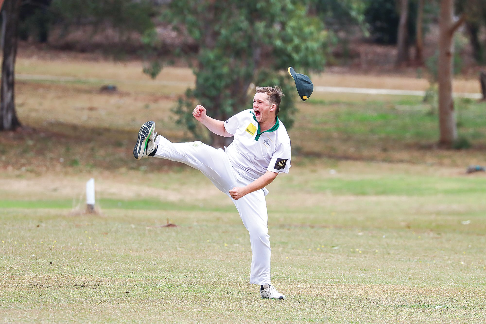 Max Carter is ecstatic after catching Foster’s Brett Gay, the penultimate Tigers’ wicket to tumble as Leongatha Town charges to victory in the B2 Grand Final. A49_1325