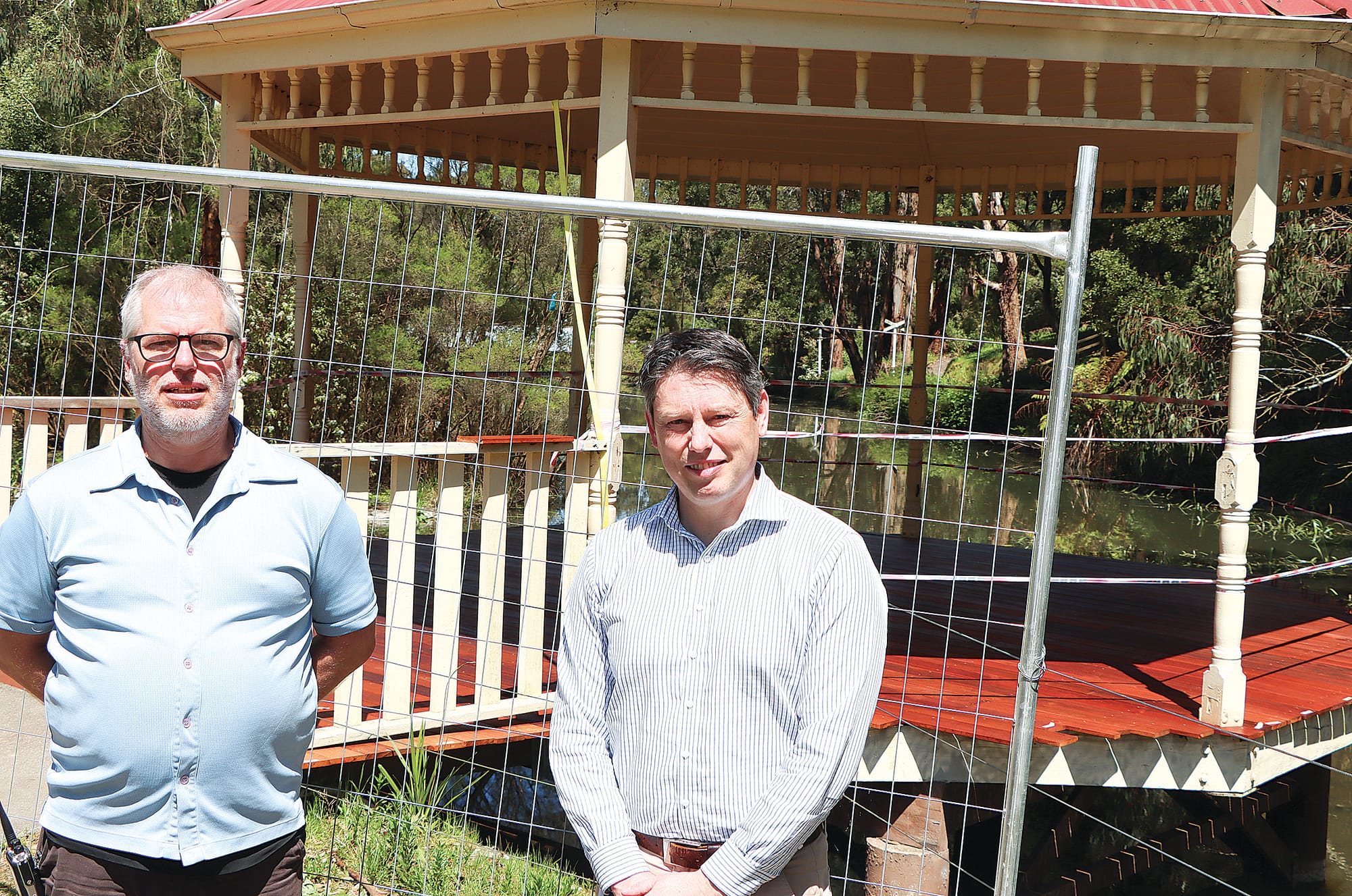 Now completed works on Coal Creek’s rotunda are among the improvements made since the pandemic, with Coal Creek team leader Kim O’Connell and South Gippsland Shire Council’s manager of economy community and investment Christian Stefani highlighting that feature. A10_1124