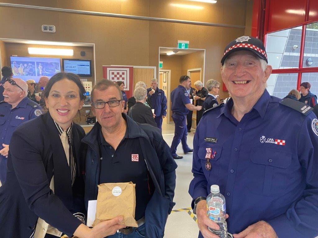 Member for Bass Jordan Crugnale chats with fellow fire fighters Paul Stratman and Malcolm Finlay&nbsp; at the opening of the Phillip Island Fire Station last Saturday.