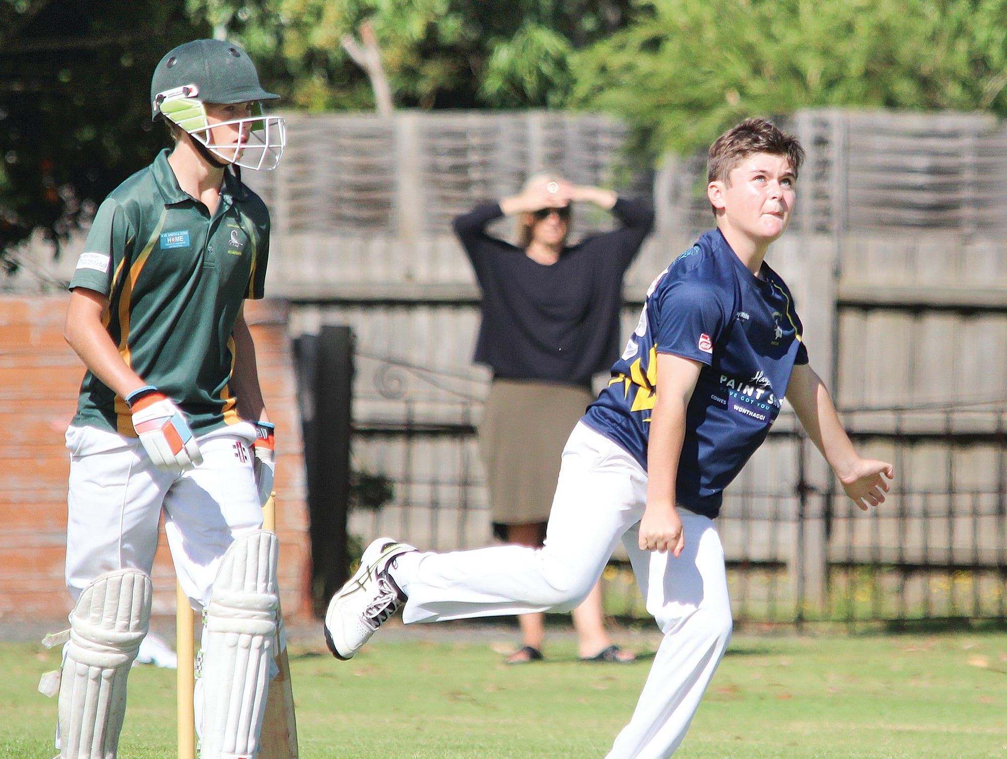 Sharks spinner Archie Williams sends one down the McMahon Reserve pitch. 
