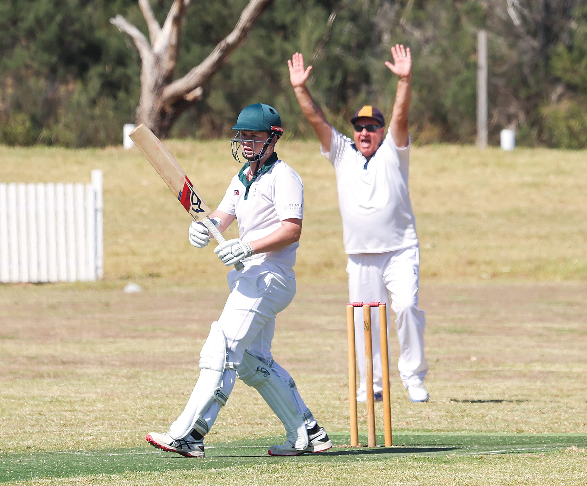 Howzat! Leongatha Town’s Max Carter survives this vociferous appeal by Phillip Island to make a useful 24 in the C Grade semi-final.