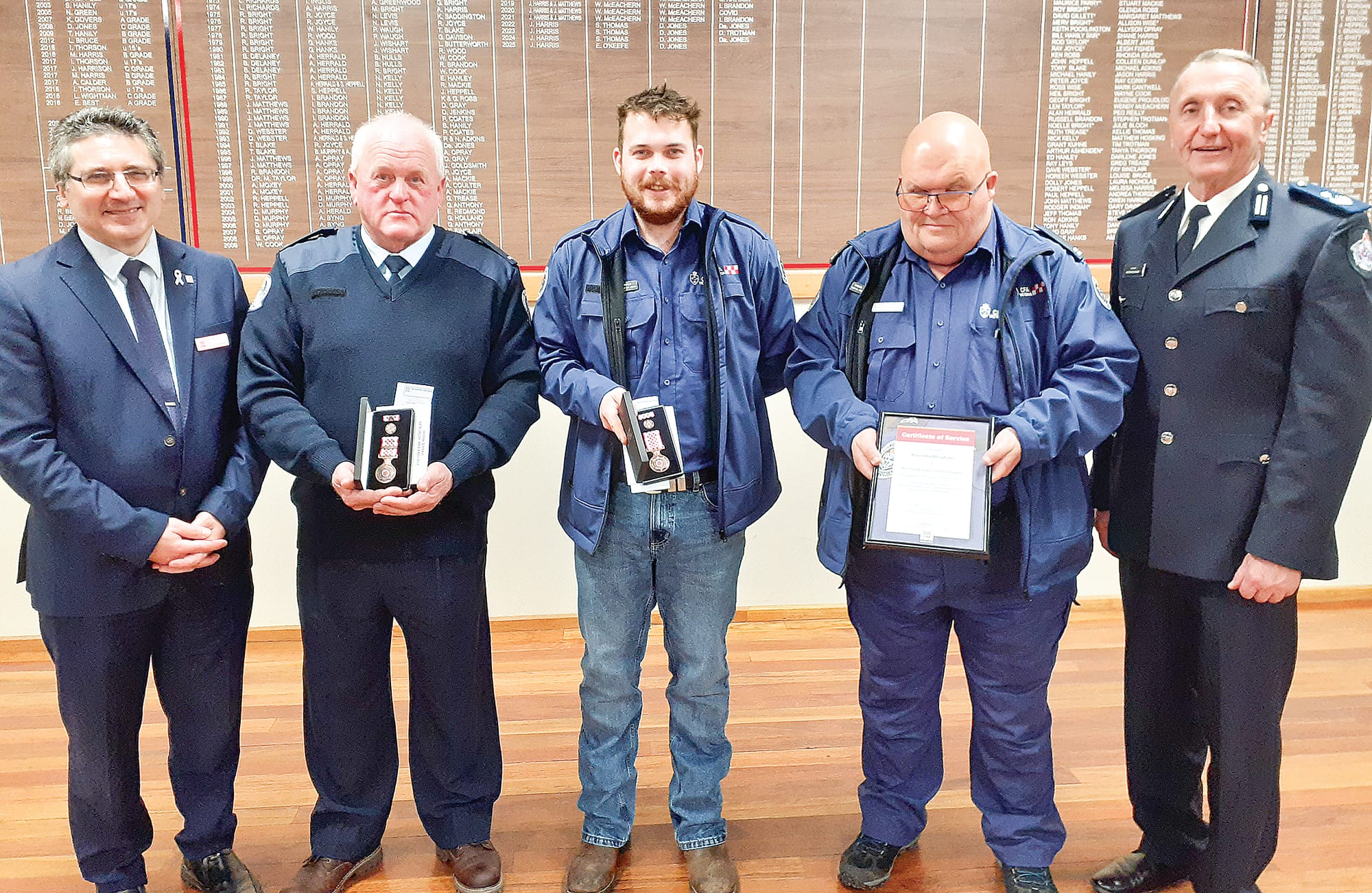 Meeniyan-Stony Creek medal recipients included, Captain Mal Price (30 years), Will McDonald (10 years) and Bruce Waddingham (5 years).