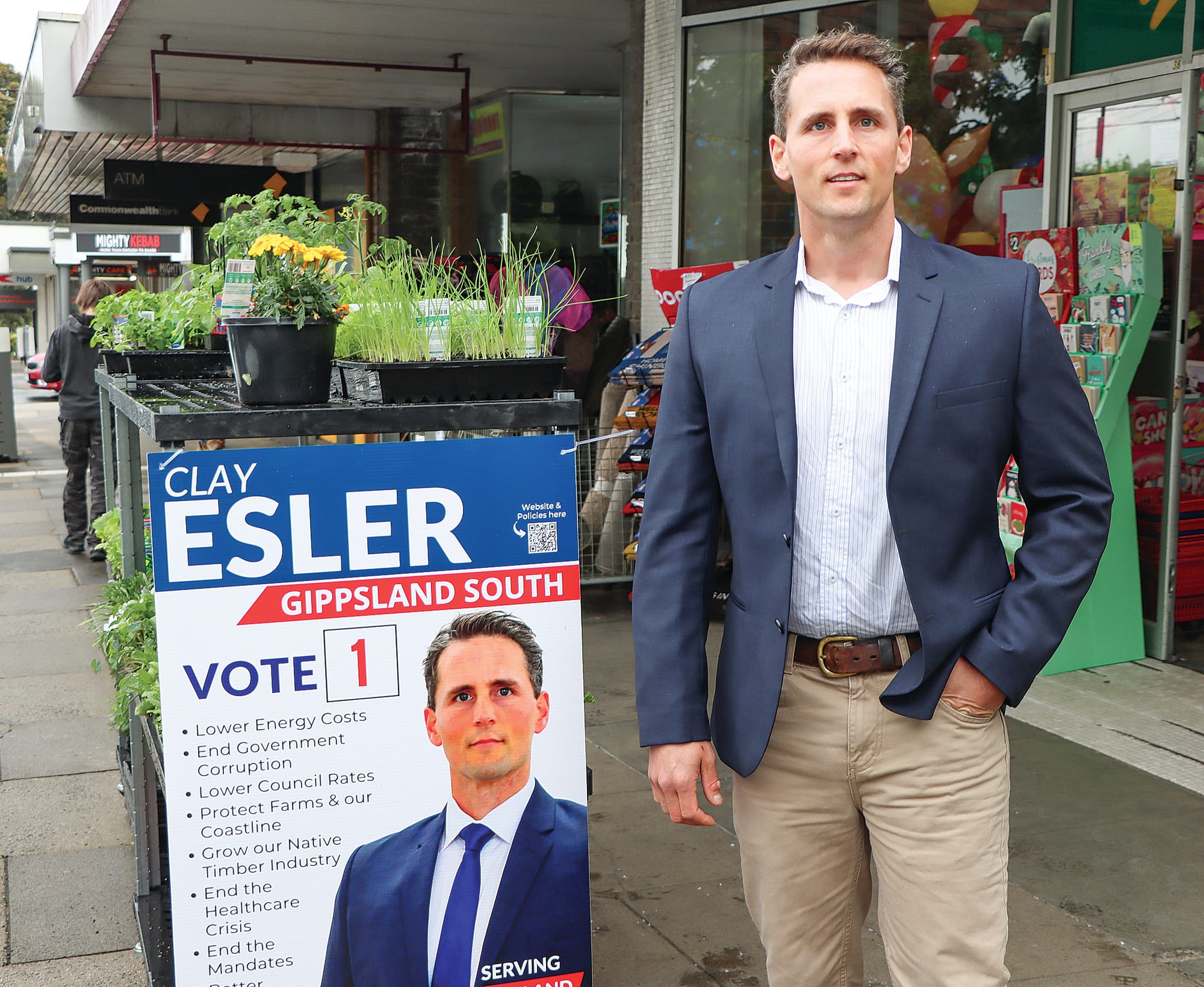 Gippsland South candidate Clay Esler in McCartin Street on Monday morning to meet early voters and anyone else keen for a chat.
