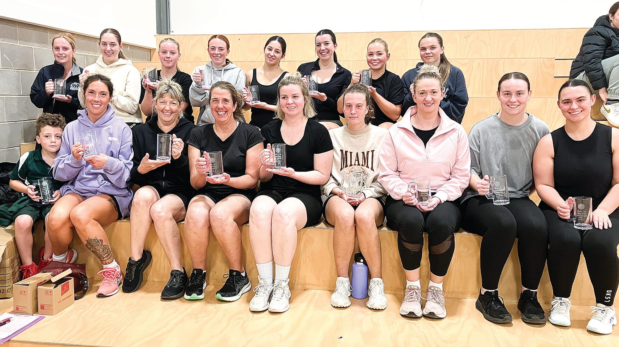 Section 2 winners High Flyers, back, from left, Zoe Reiter, Emma Felsovary, Imogen Lockhart, Louise Strickland, Mia Boost, Ruby McGillivary, Eliza Wintle and Jaycee Trewavis. Runners-up the Scissor Sisters, front, Alyssa Hughes, Annette Spinks, Bonnie Peterson, Jessica Kitson, Olivia Antonella, Megan Fitzgerald, Laila Kane-DiPaolo and Eleanor Kane-DiPaolo. Absent Jazzima and Lydia Meldrum, Lydia and Jodie Kilner.