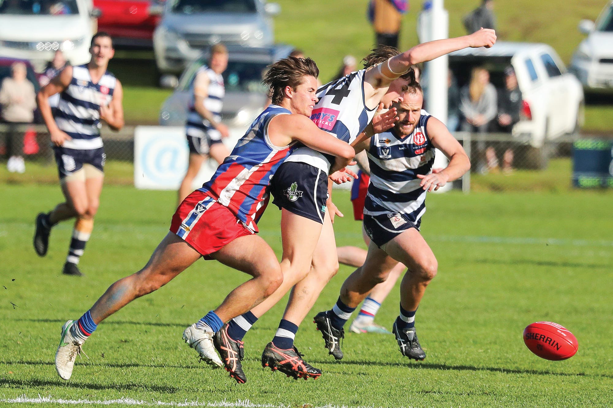Stopping Clancy Pope in his tracks Orlando Kane-Gillard makes the tackle for Phillip Island. 