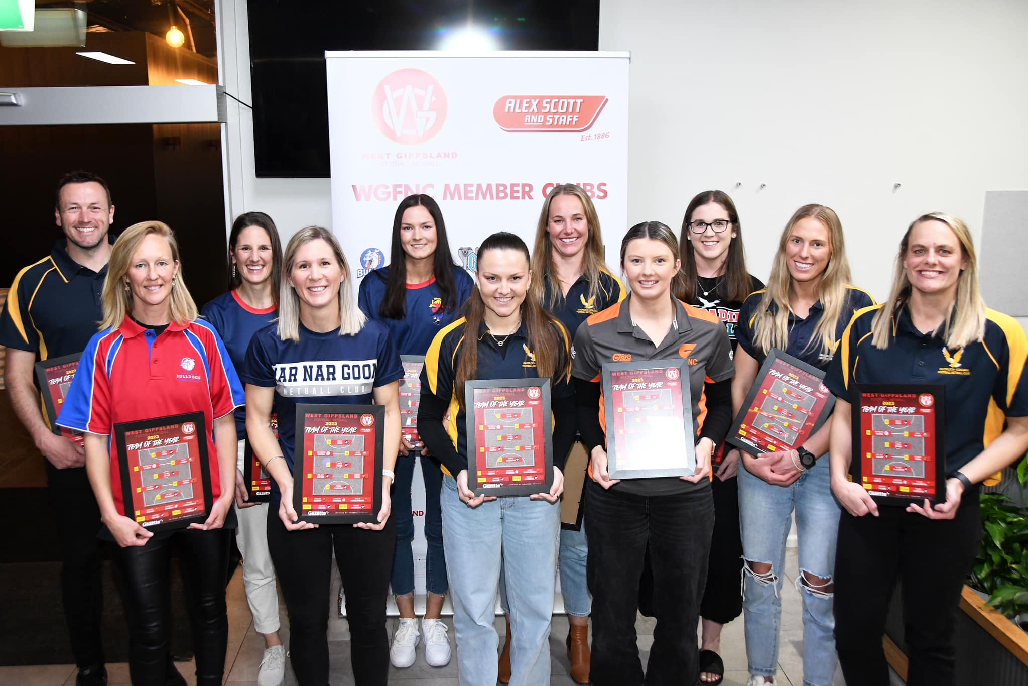 Members of the West Gippsland Netball Team of the Year for 2023 were GS Kelly Boyd (IK), GA Alex Maher (TD), WA Meaghan Winter (NNG), C Lanni Pryor (IK), WD Kelsey Buxton (IK), GD Gemma Dixon (KBG), Renee Pilkington (IK). Interchange: Ashlee Murphy (KWR), Christie Edwards (PI), and Talia Charalambides (KWR). Coach Jarrad Walker (IK), Captain Renee Pilkington.