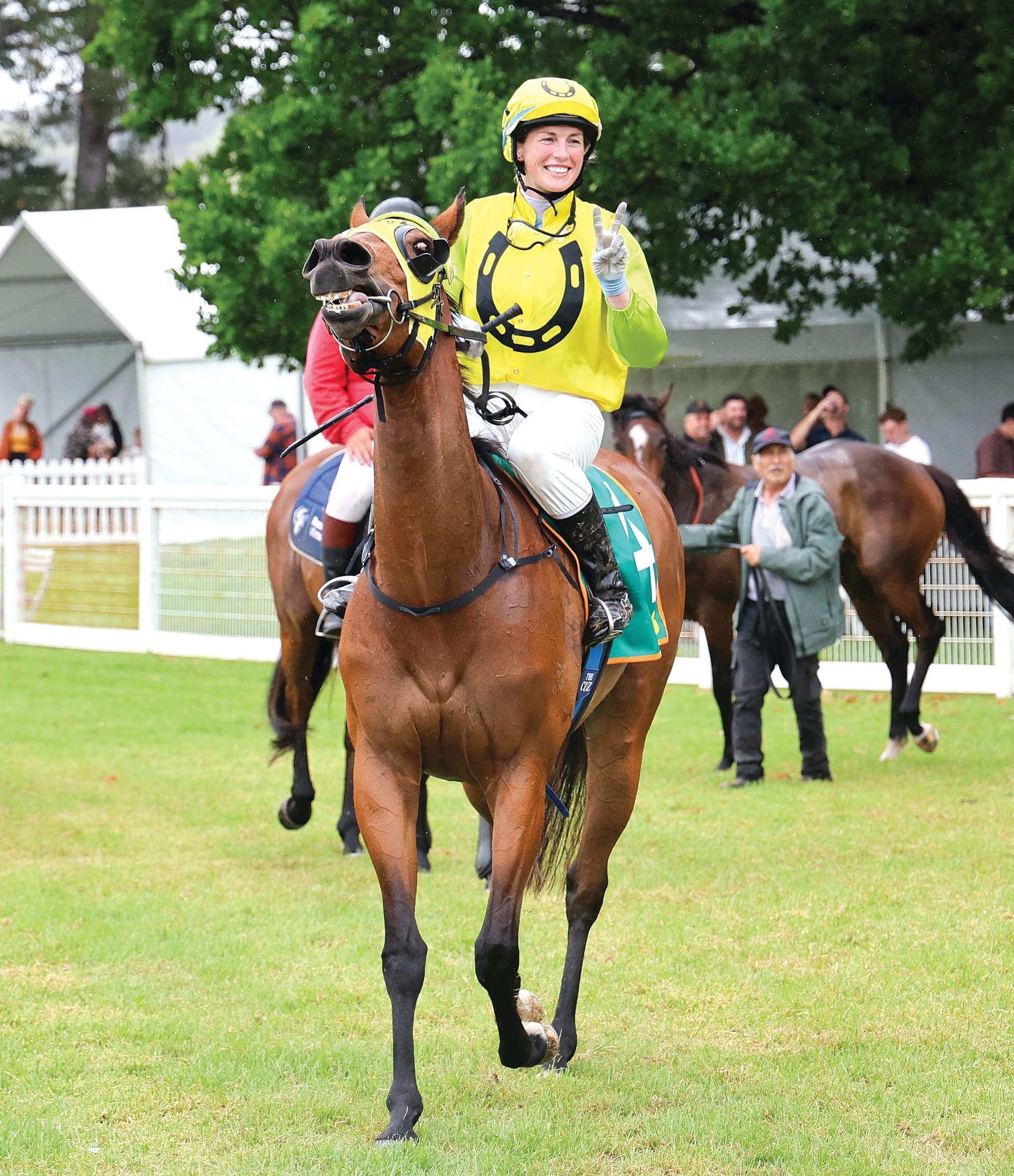 It’s all smiles from horse and rider as Mel McDonald brings off a double in consecutive races at Woolamai on Saturday.
