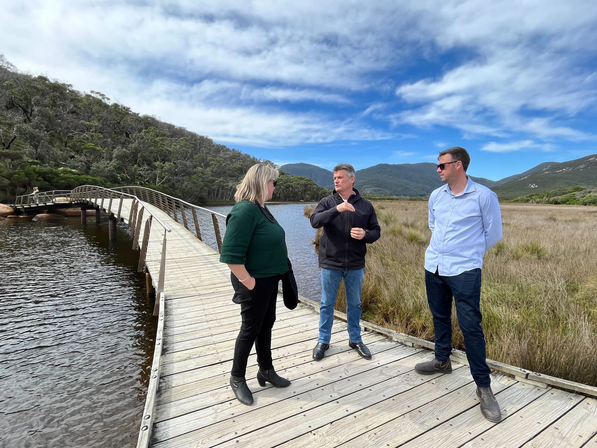 Former Minister for Environment Ingrid Stitt during a visit to the Prom on September 7, 2023 where she announced a $4.8 million investment to rebuild the boardwalk to Sealers Cove that was damaged after storms in 2021.