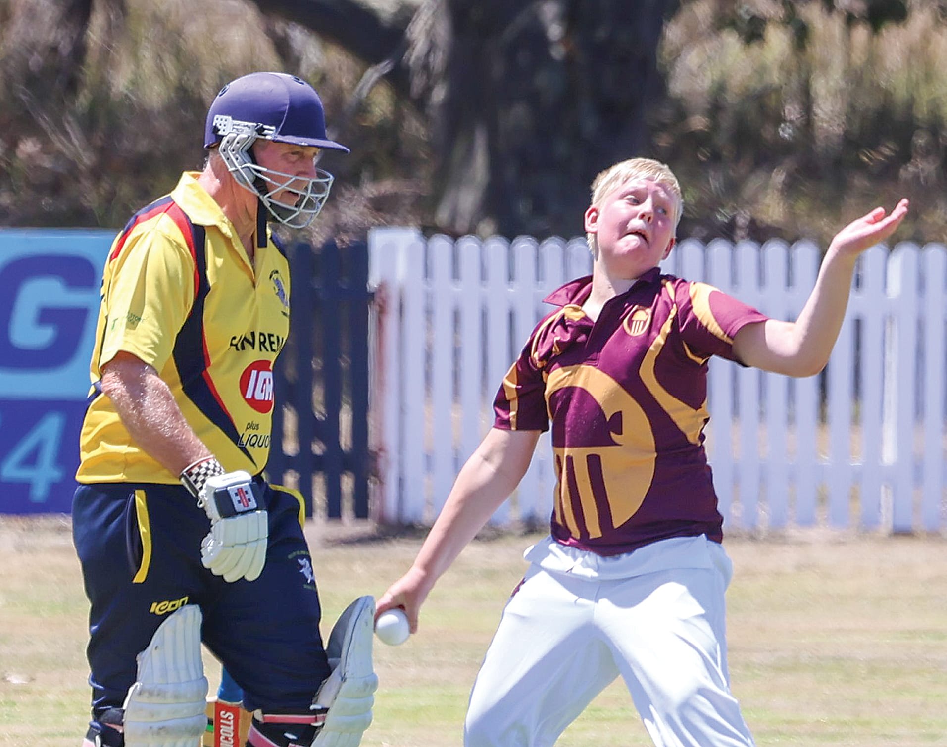 Young Max Greenwood takes up the attack for OMK in C Grade Division 2 after Phillip Island got off to a strong start at Rhyll on Saturday.