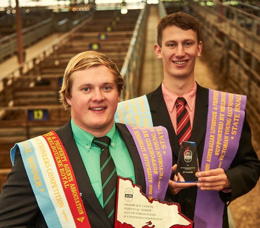 Jack Ginnane, of Nutrien South Gippsland Livestock Leongatha and Harrison Cozens, Elders Rural Services, Albury placed first and second in the 2022 ALPA Victoria Young Auctioneers Competition at Victorian Livestock Exchange (VLE) Pakenham on Monday this week.