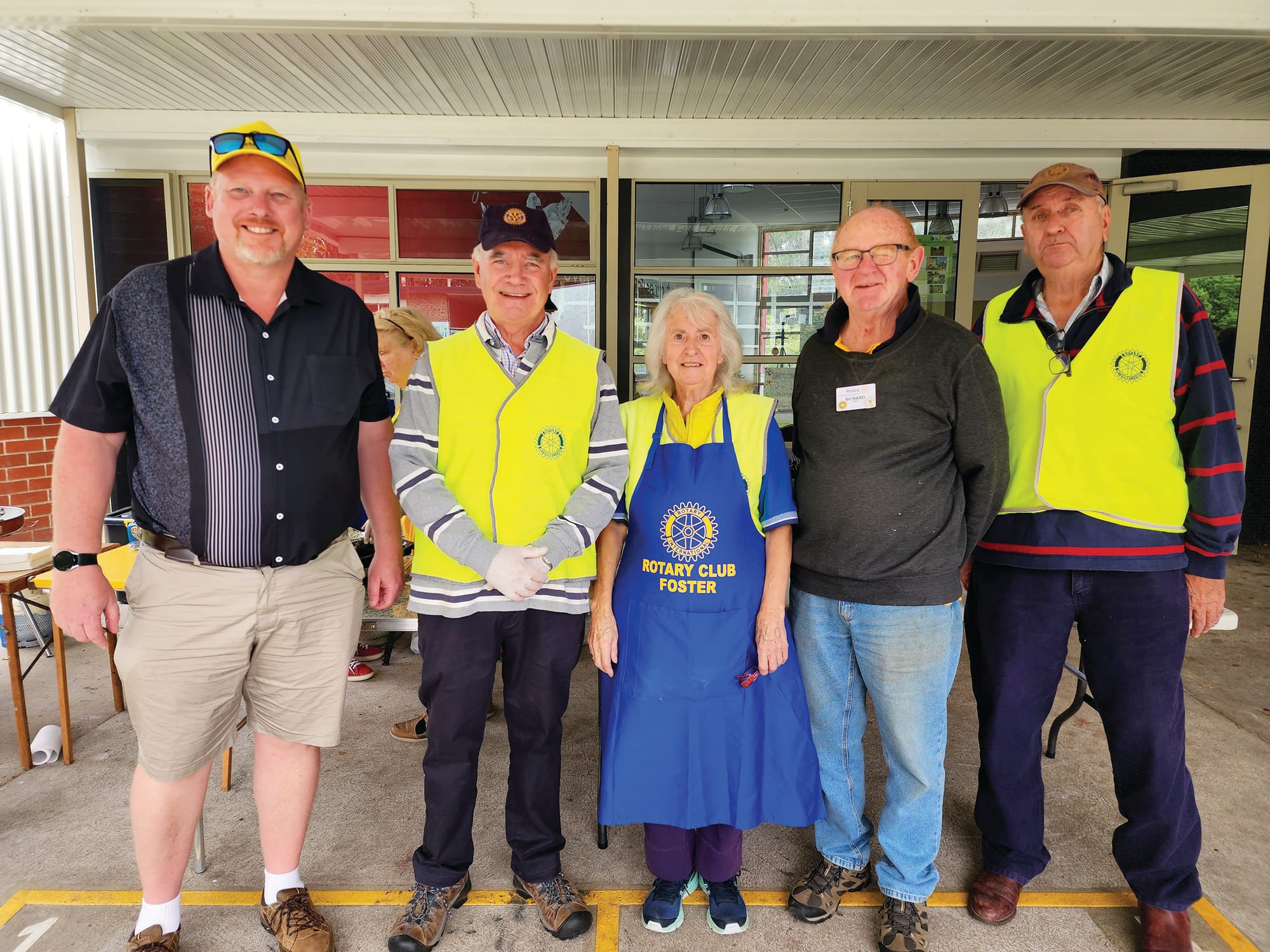 Foster Primary School Principal, Scott, is joined by members of Rotary after a highly successful day. From left, Scott, Lurie Warfe (Rotary Youth Director), Liz Hall (Secretary), Richard Jones and Bruce Standfield. C03_1123