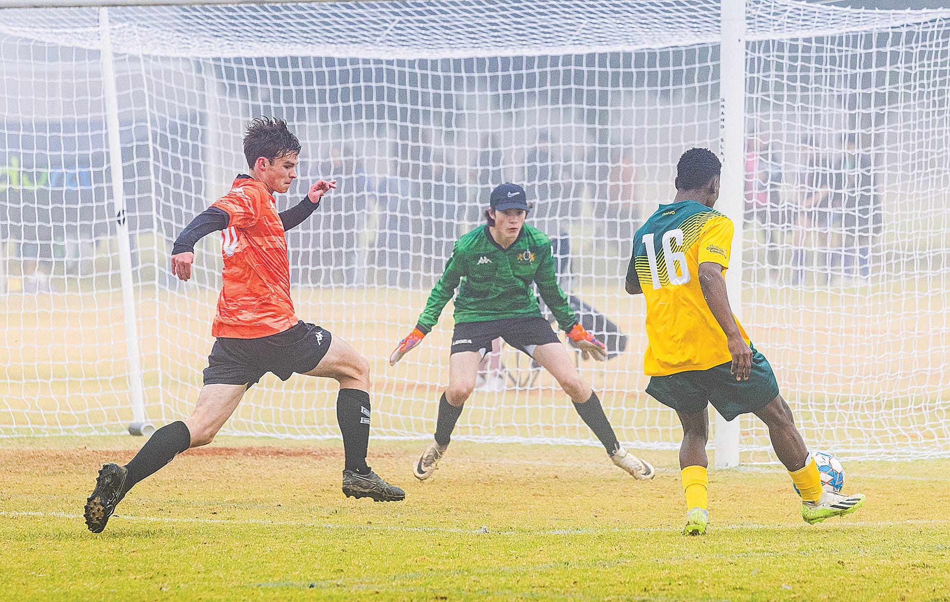 GSL U18 Boys goalkeeper Lincoln Hamilton vs Sunraysia opponent.