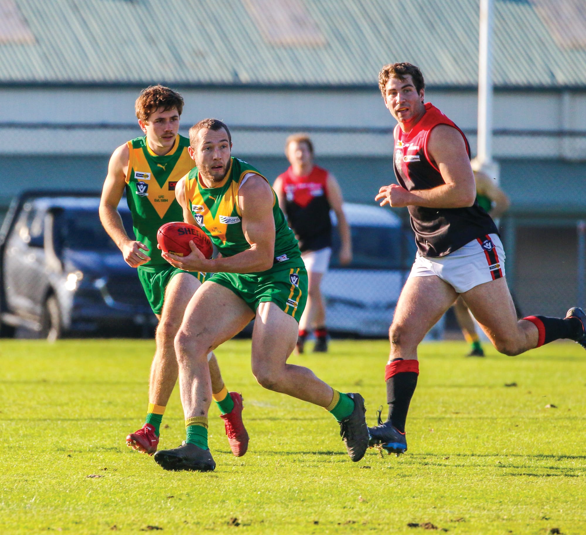 Leongatha players are all out in front and dominating the play against Warragul. Ob12_2623