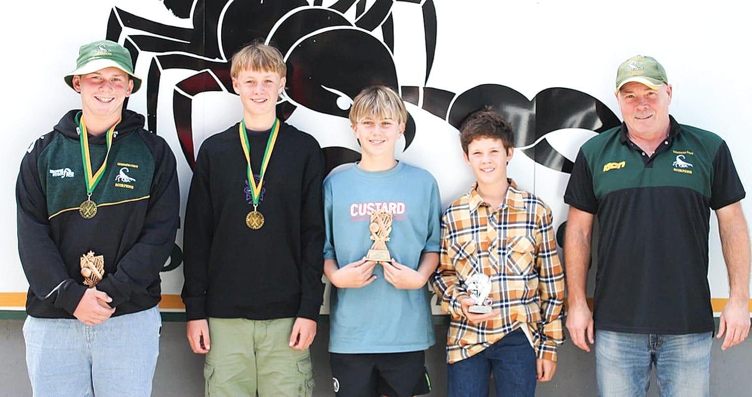 Leongatha Town’s junior award winners were Max Carter (Batting), Frazer Livingstone (Bowling), Shem Hickey (Cricketer of the Year) and Hayden Bruce (Coaches’ Award), pictured with coach Alex Aeschlimann.