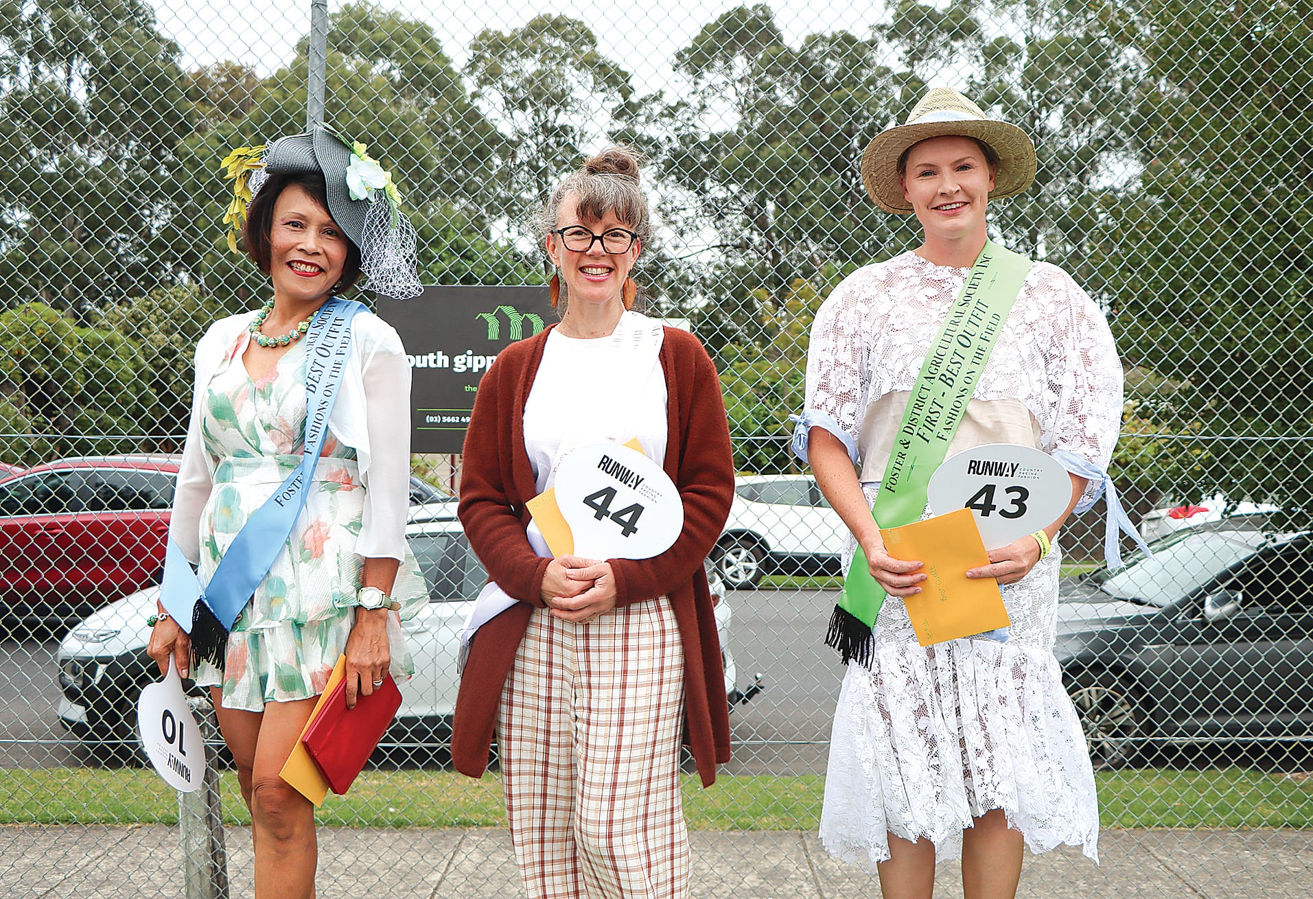 Runner-up Thelma Brown of Toora with third-placed Shelley Panton of Foster and winner of Best Outfit Casey Parker from Bunyip. A23_0924