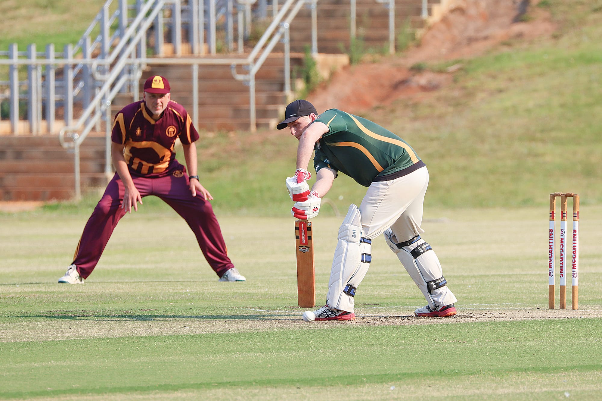 Travis Strybosch is watchful for Leongatha Town but eventually scored 10, falling LBW to Russ White. A30_5224