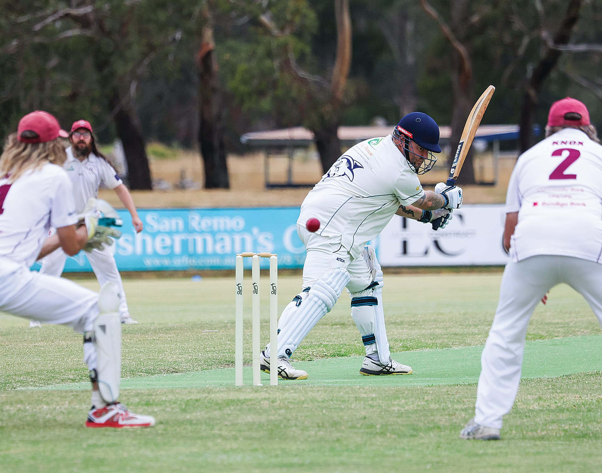 Kilcunda-Bass batsman Ben Rookes plays over the top of one before holing out to Nyora’s Ryan White off the bowling of Tully Bernaldo.