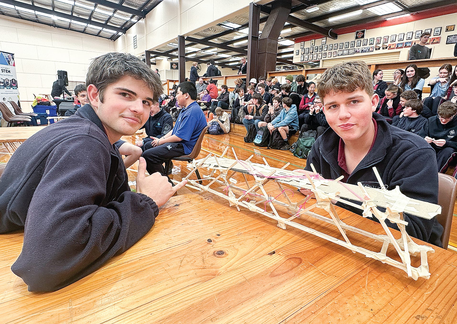 Kyan and Archie from Foster Secondary College showed the bridge they built and said it had been a fun day. ob03_2425