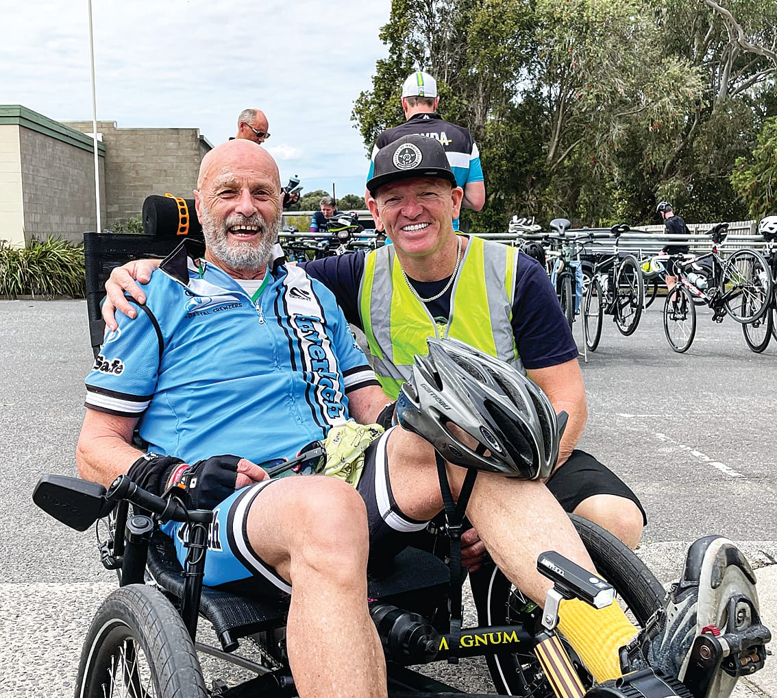 Rider Angus Hume after completing the course, with Bass Coast Cycle Challenge founder and ride director Gavin Slavin.