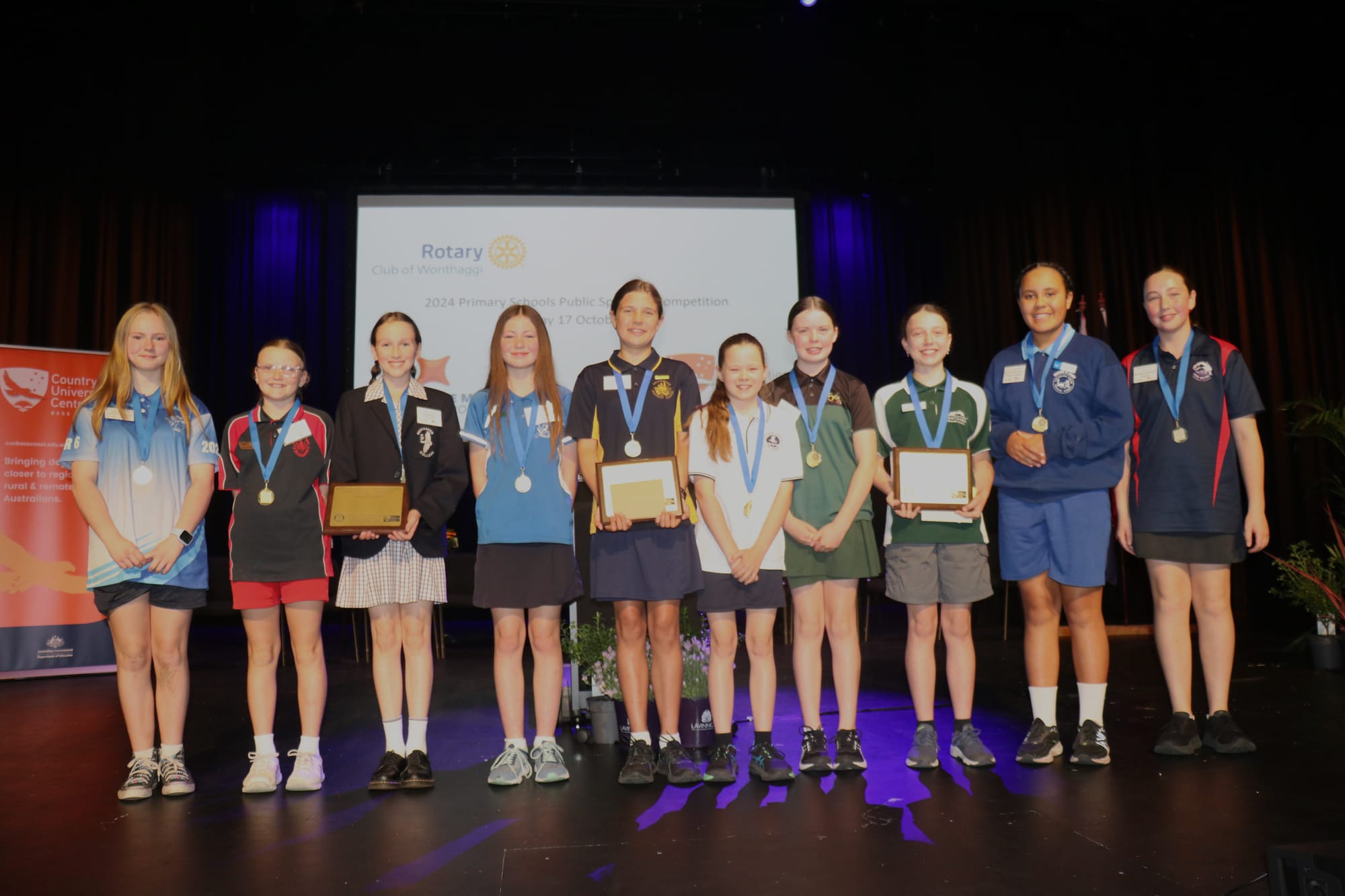 10 student participants at the 2024 Primary Schools Public Speaking Competition at the Wonthaggi Union Community Arts Centre.