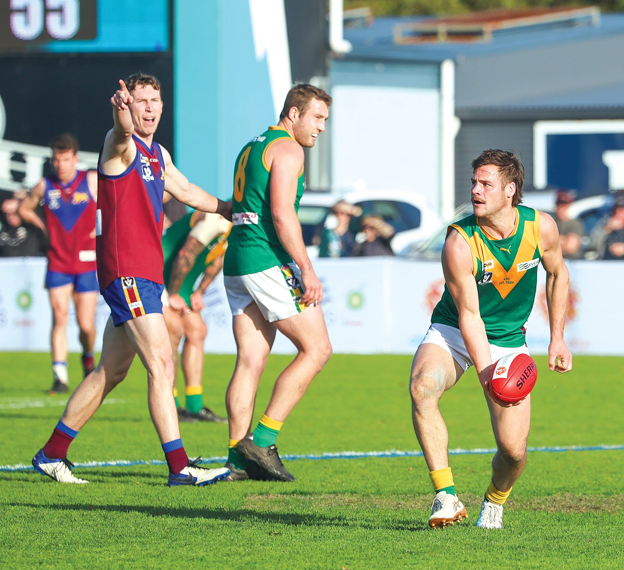Leongatha’s Cam Olden, who kicked nine goals for Leongatha on Saturday also looked to share it around.