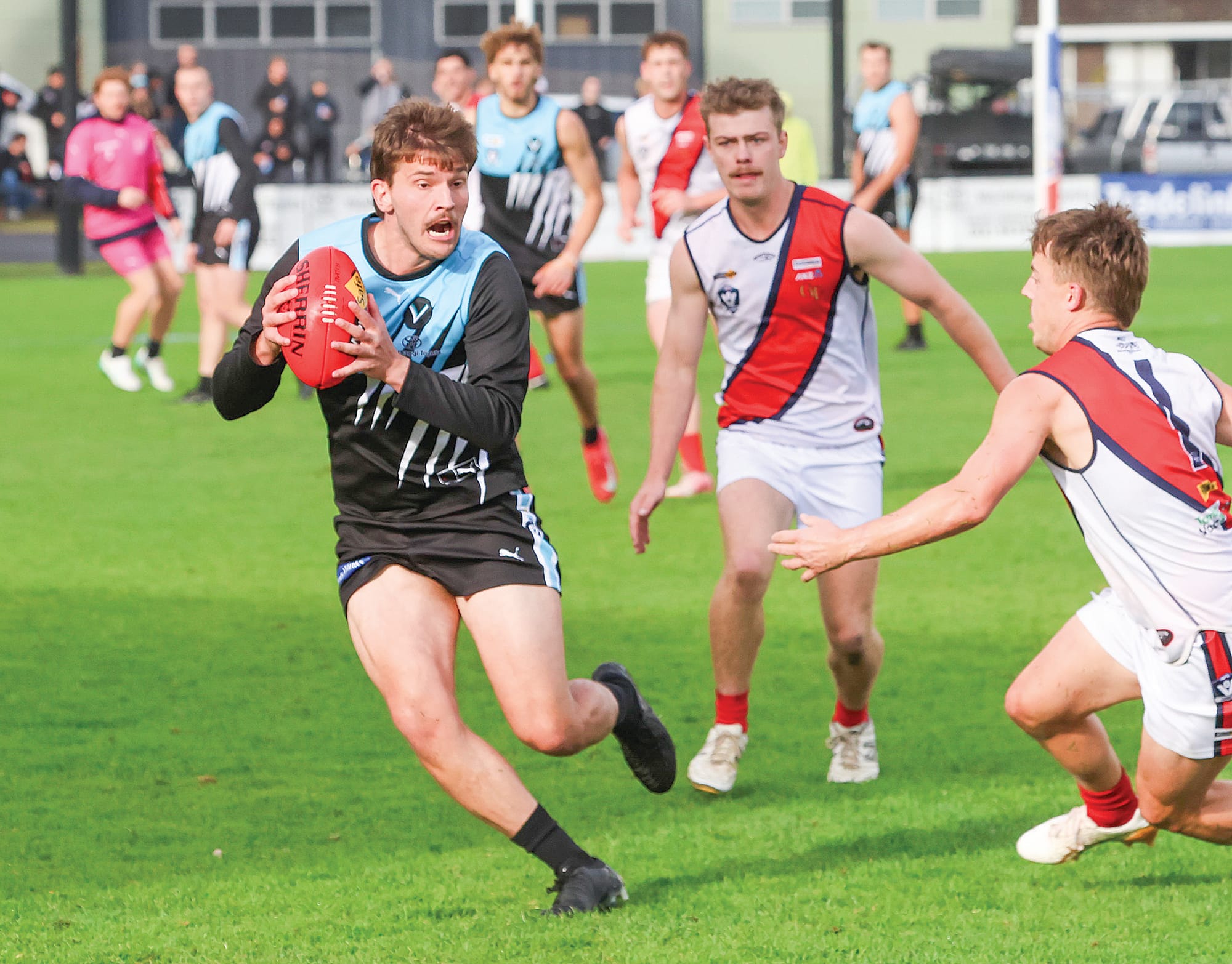 Despite the winning margin at the end, the contest for the ball at ground level was even for much of the day, with Blake Cornelis managing to find some clear air.