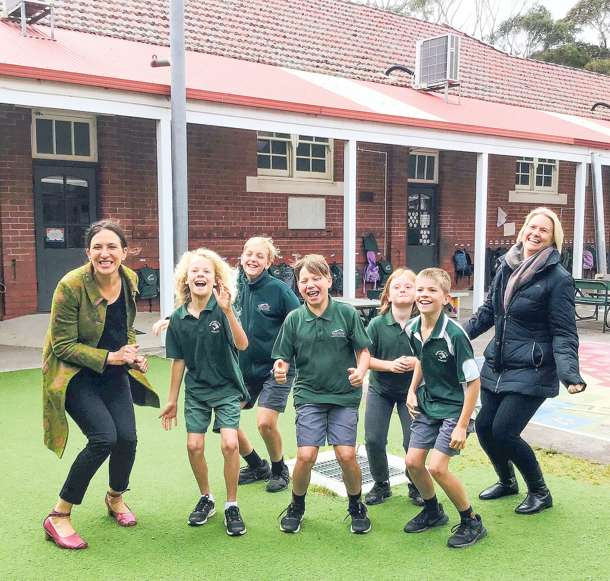 From left, Jordan Crugnale MP with students Louis, School Captain Boyd, Ollie, Mackenzie, Axel and School Council President, Caroline Moore. Not in photo but there in spirit, school captain Billie, who has campaigned alongside Caroline and her peers.
