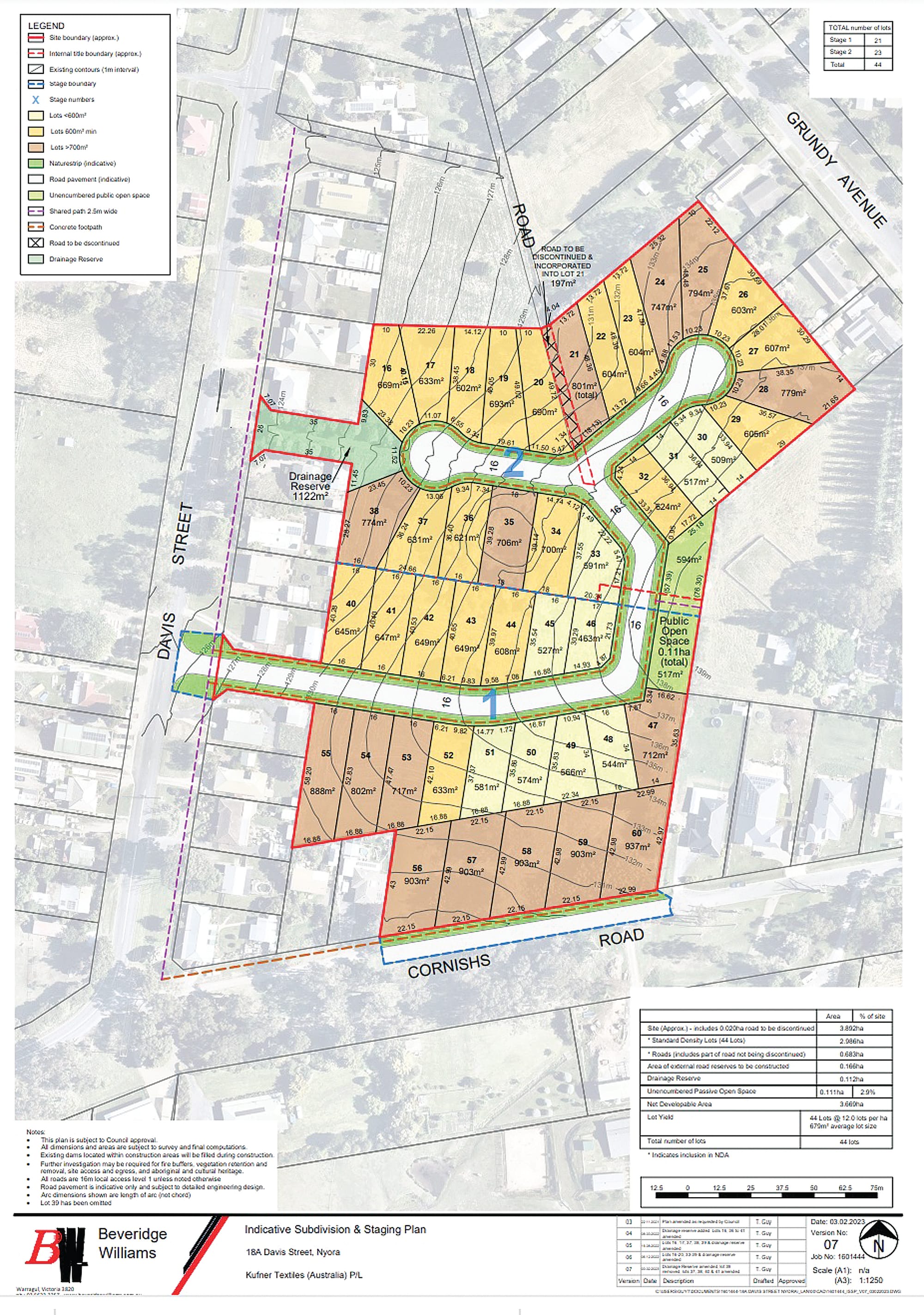 The first two stages of the Nyora development are shown, displaying residential lots of various sizes.