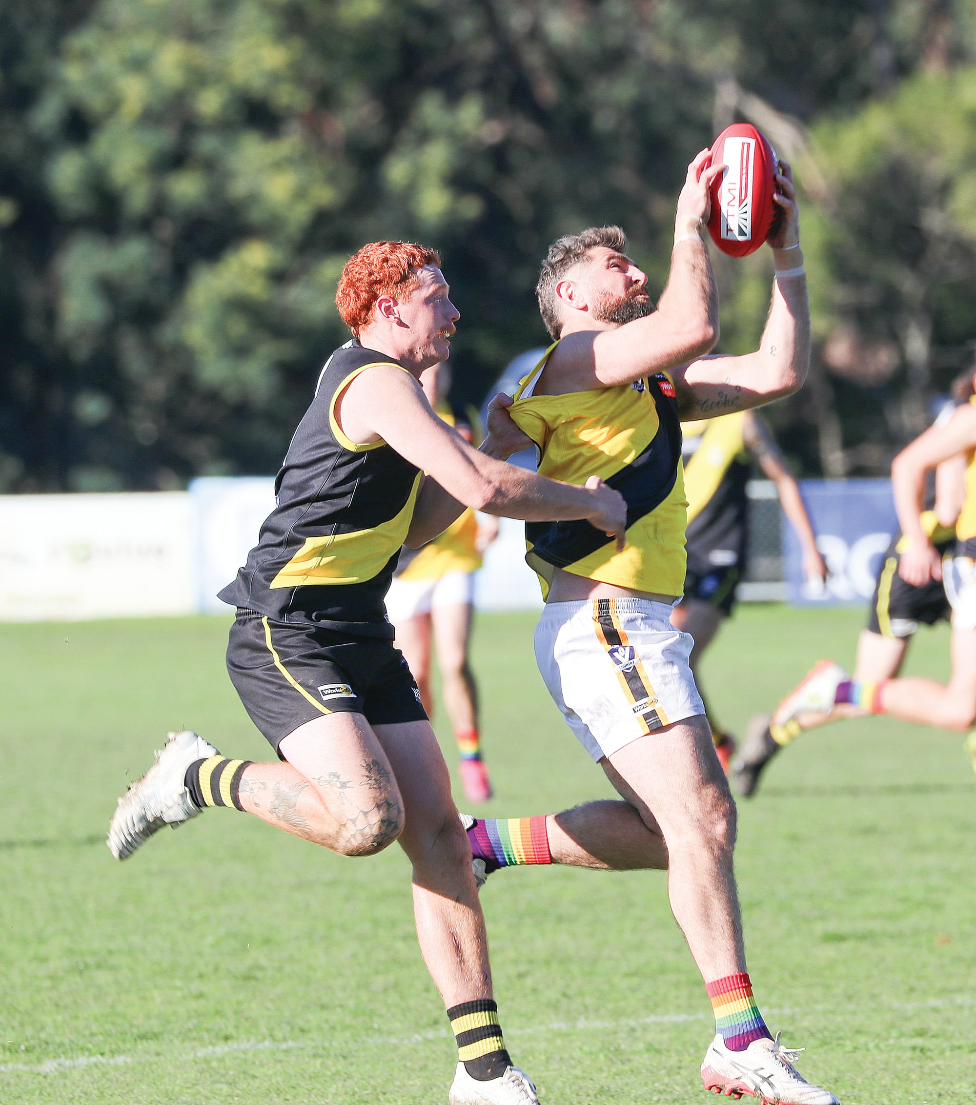 Michael Cooke takes the contested mark, as Foster flex their muscles against a struggling Mirboo North side, leading by 81 points at the final siren. W25_3225