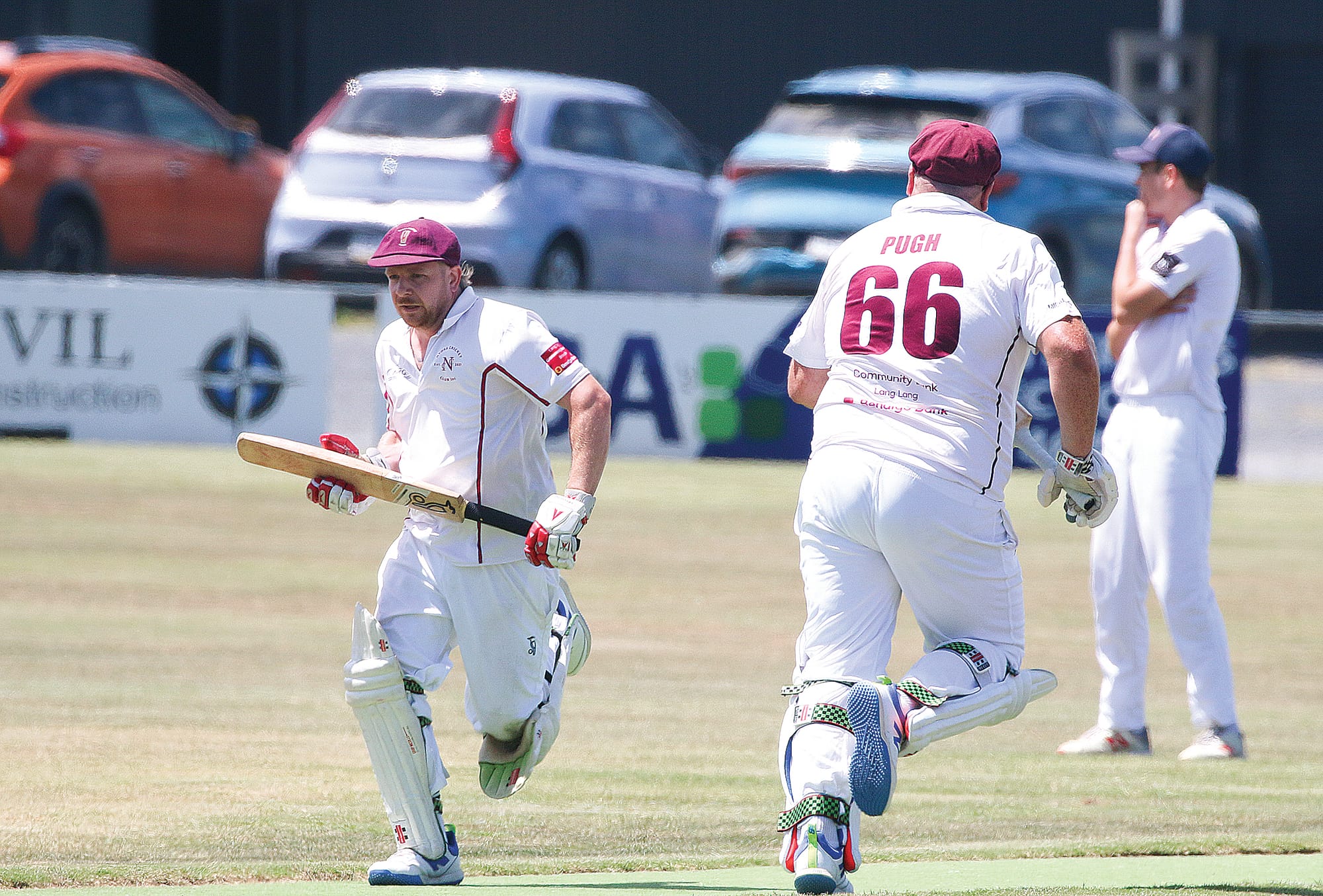 Nyora batsmen Keith Linford and Ben Pugh take off for a run.