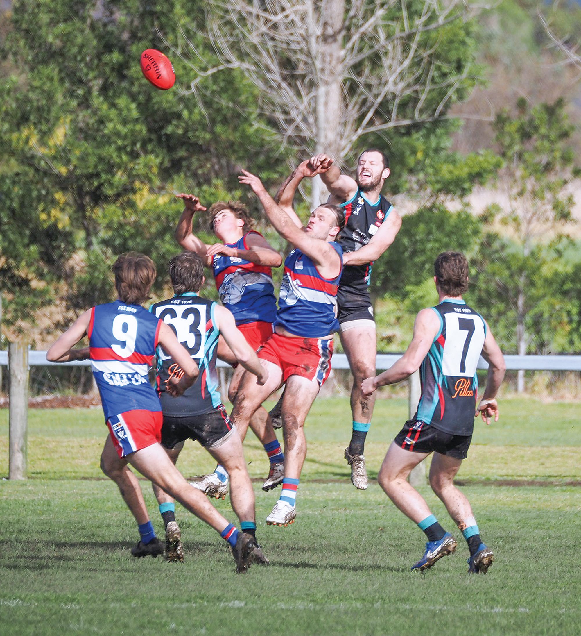 The Bulldogs team up to punch out the ball. 