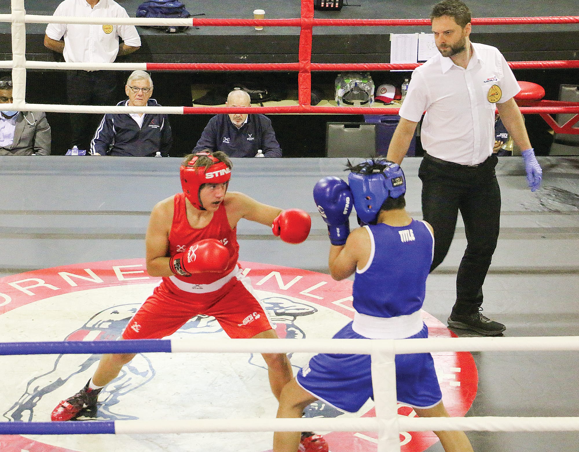 Corner Inlet Boxing Club’s Max Woodam takes control of his bout.