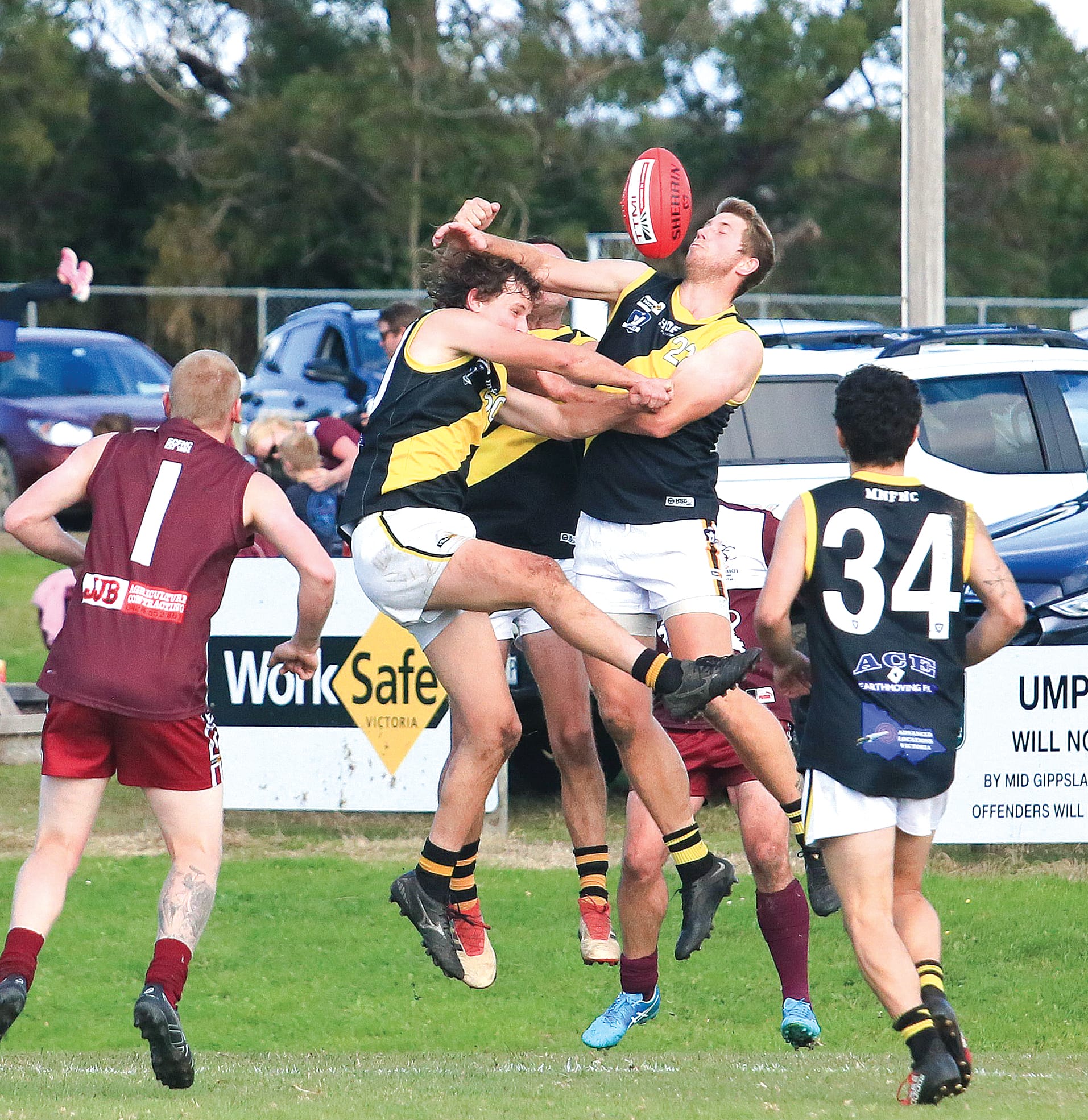 Leigh Jowett and Joe Brooks collide for the Tigers on Saturday in the ANZAC clash against Stony Creek. Photo: Gerard Bruning.