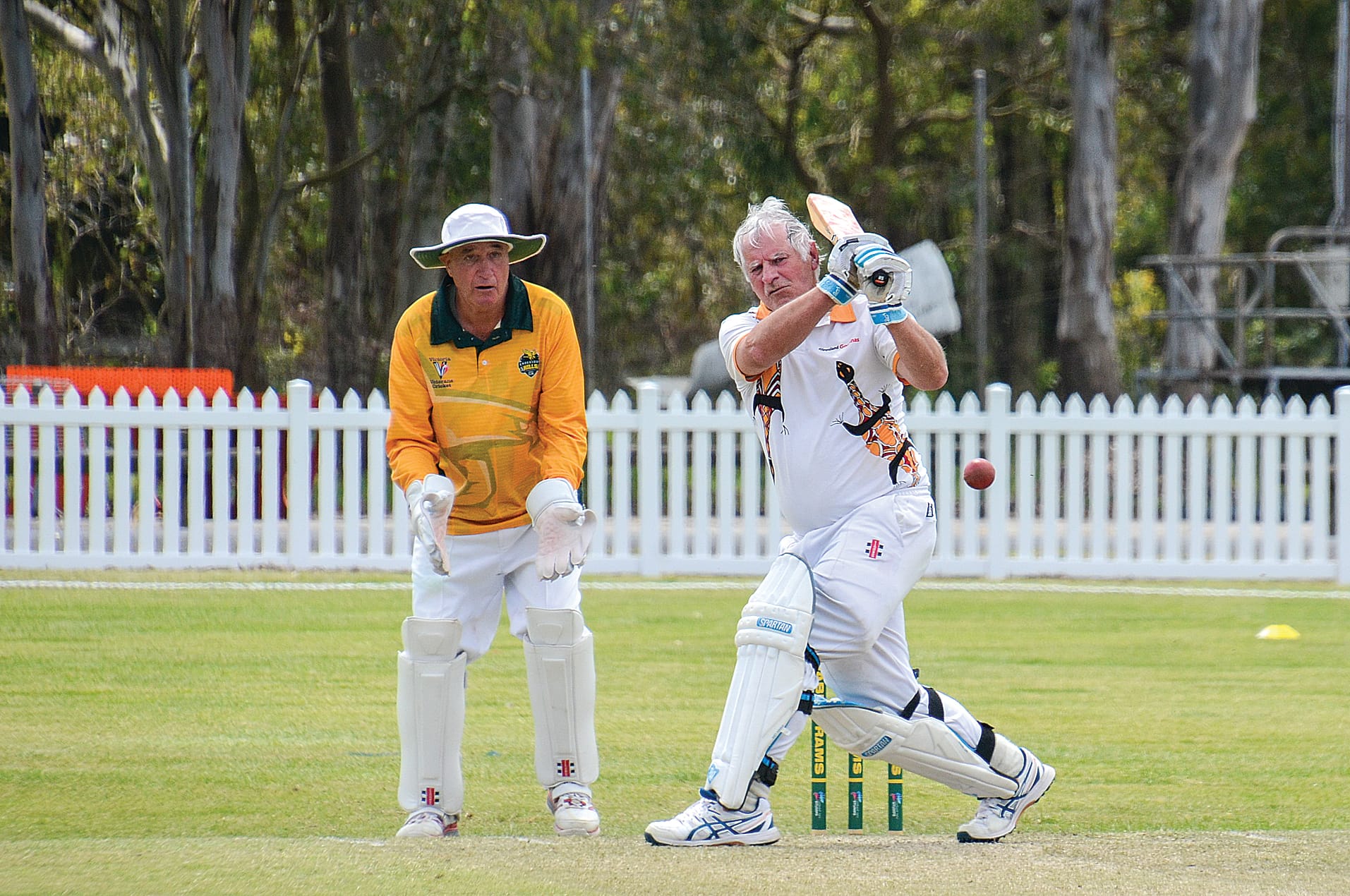 Jim Armstrong from Churchill attacks the Endeavour Hills bowling.