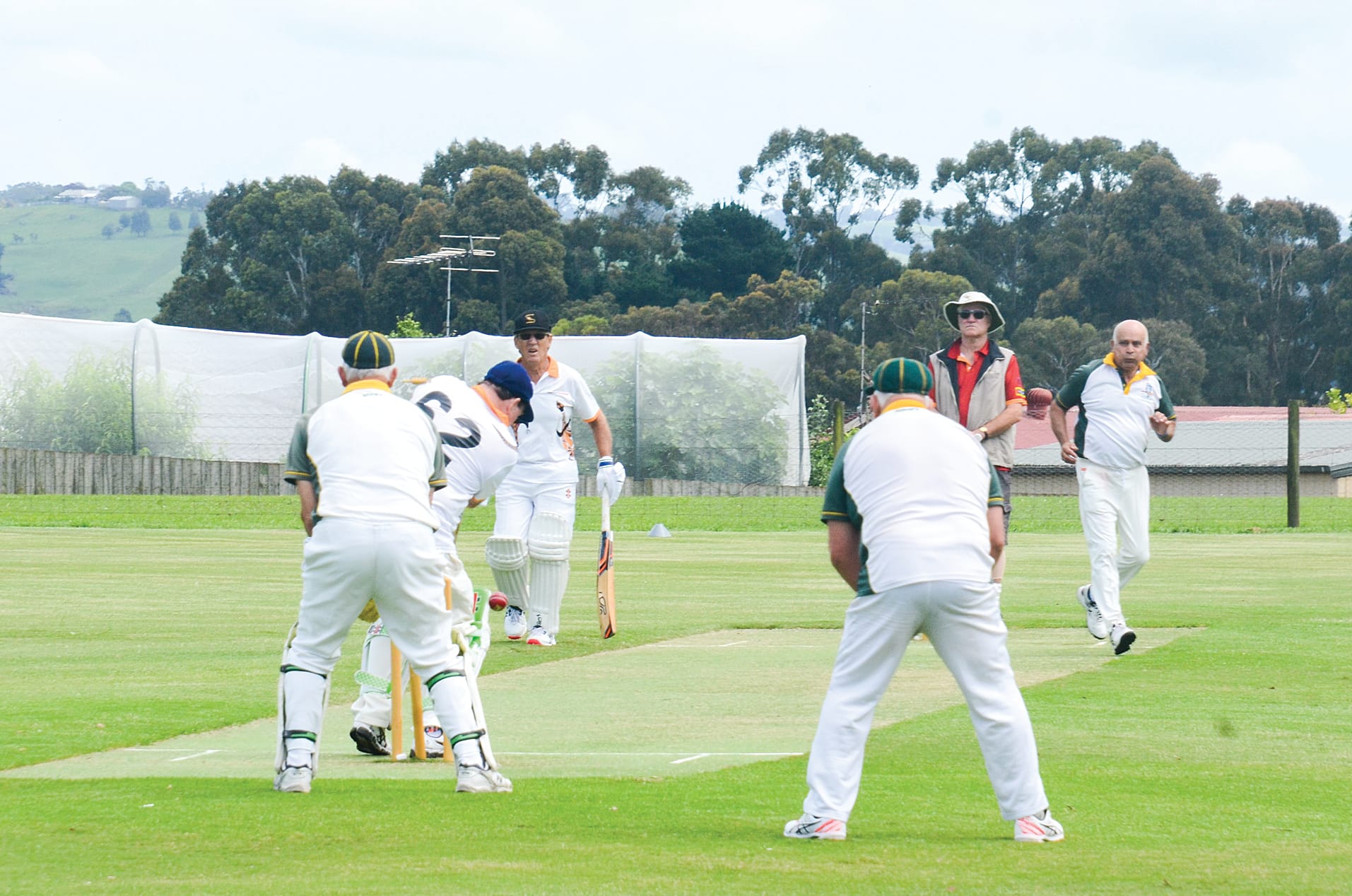 The Goannas’ Mark Brown is bowled by Peter Loos.