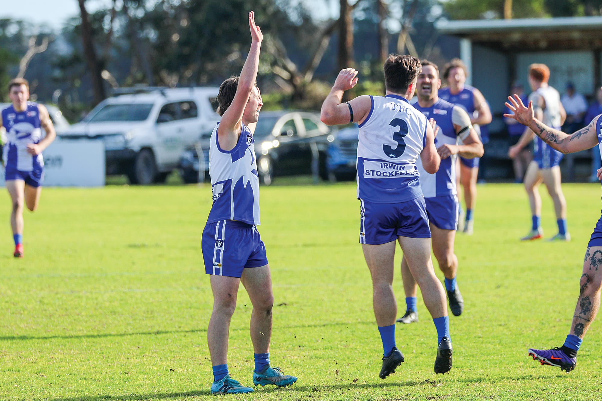 Jacob Proctor jumps for joy, celebrating with teammates after kicking Tarwin’s first goal of the match. W26_2725