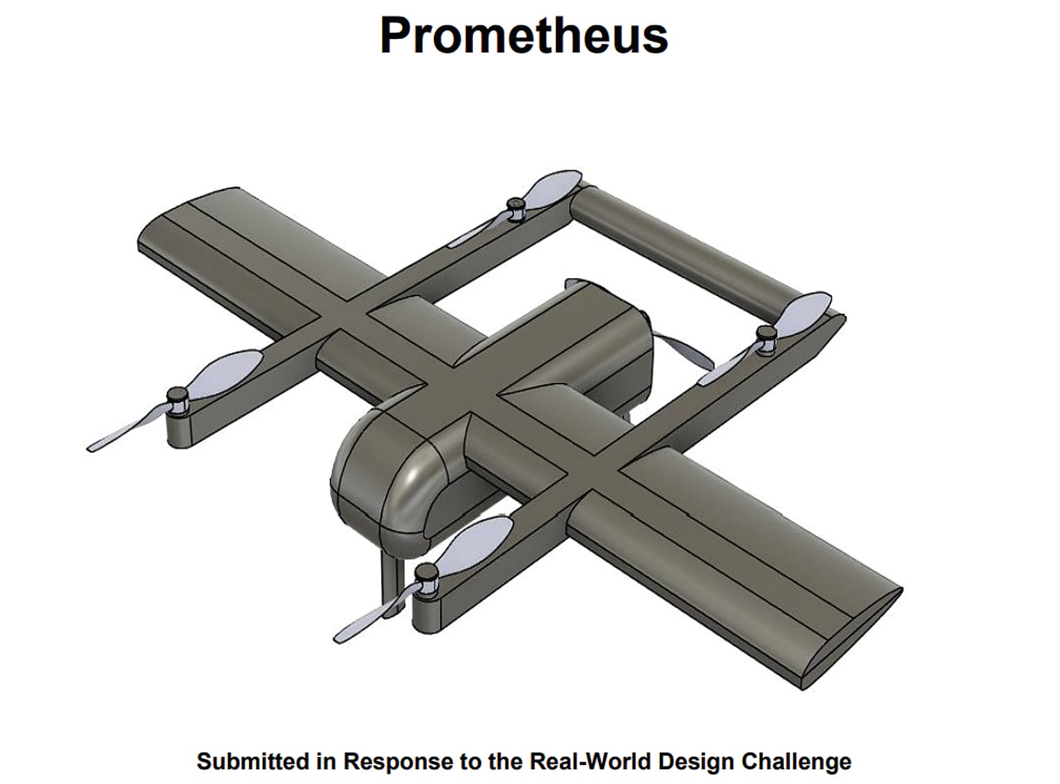 Prometheus – the final design of the unmanned aerial vehicle (UAV) capable of flying into fire zones to deliver and retrieve supplies.
