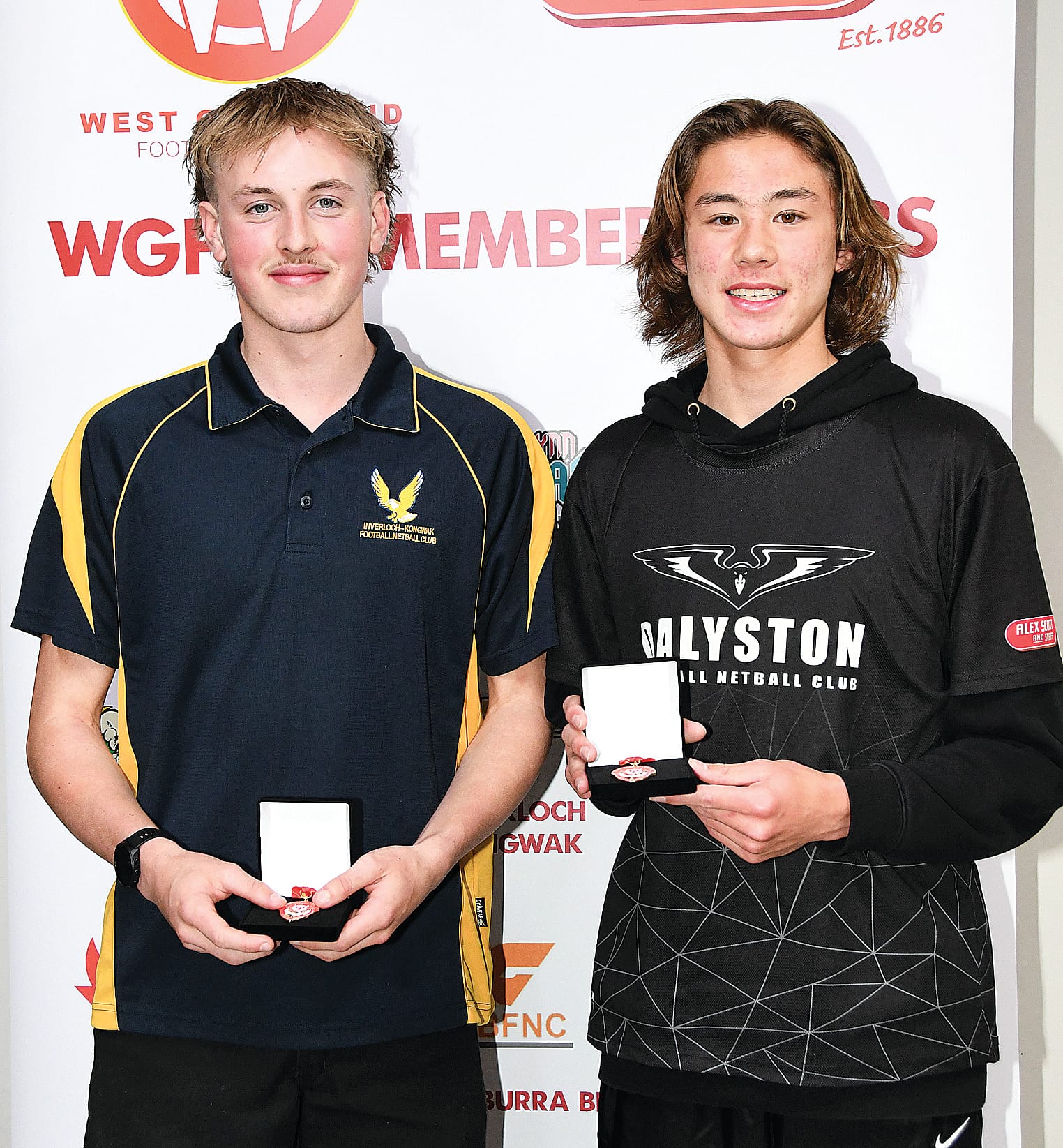 Dual U16s best and fairest recipients Lucas Allen of Inverloch-Kongwak and Noah Forrest Mabilia of Dalyston.
