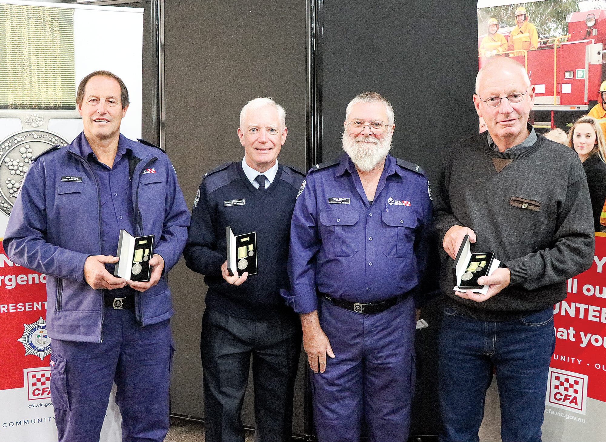 Kongwak and District Fire Brigade’s Gary Dorling, Nigel Braithwaite, Tony Reade and Terry Bray.  (A medal was collected on behalf of Ross Olden) A26_1623