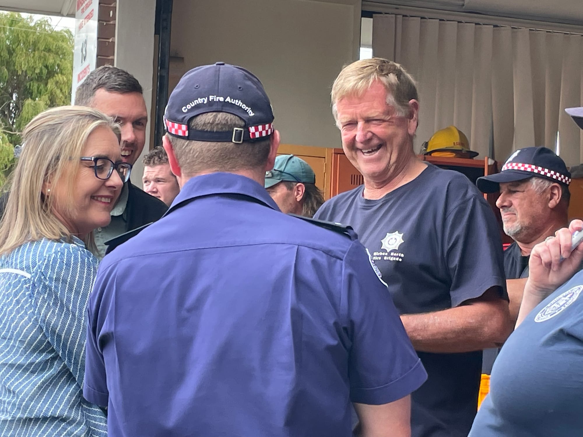 Premier Jacinta Allan meets with emergency service personnel and community members in Mirboo North this morning.