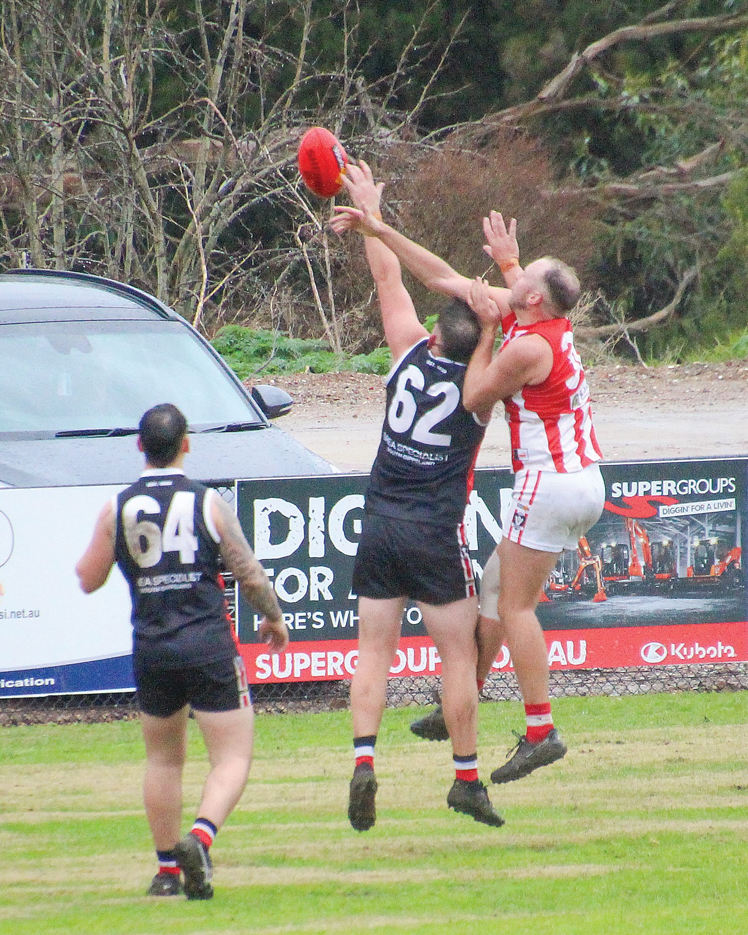 Jaylen Waixel contests the ruck for Nyora in the reserves game.