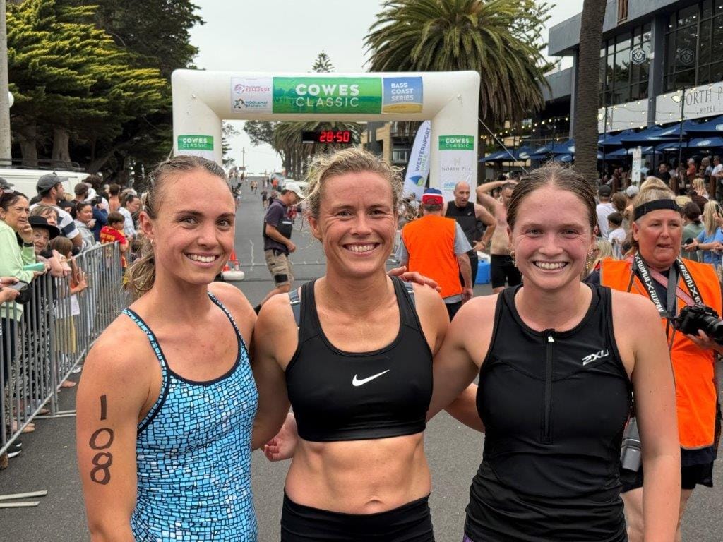 Placegetters in the women’s division of the Cowes Classic on Saturday were Bethany Barrett of Wonthaggi 3rd, Zoe Adams of Sunset Strip 1st and Stella Crawford-Rust of Melbourne 2nd.