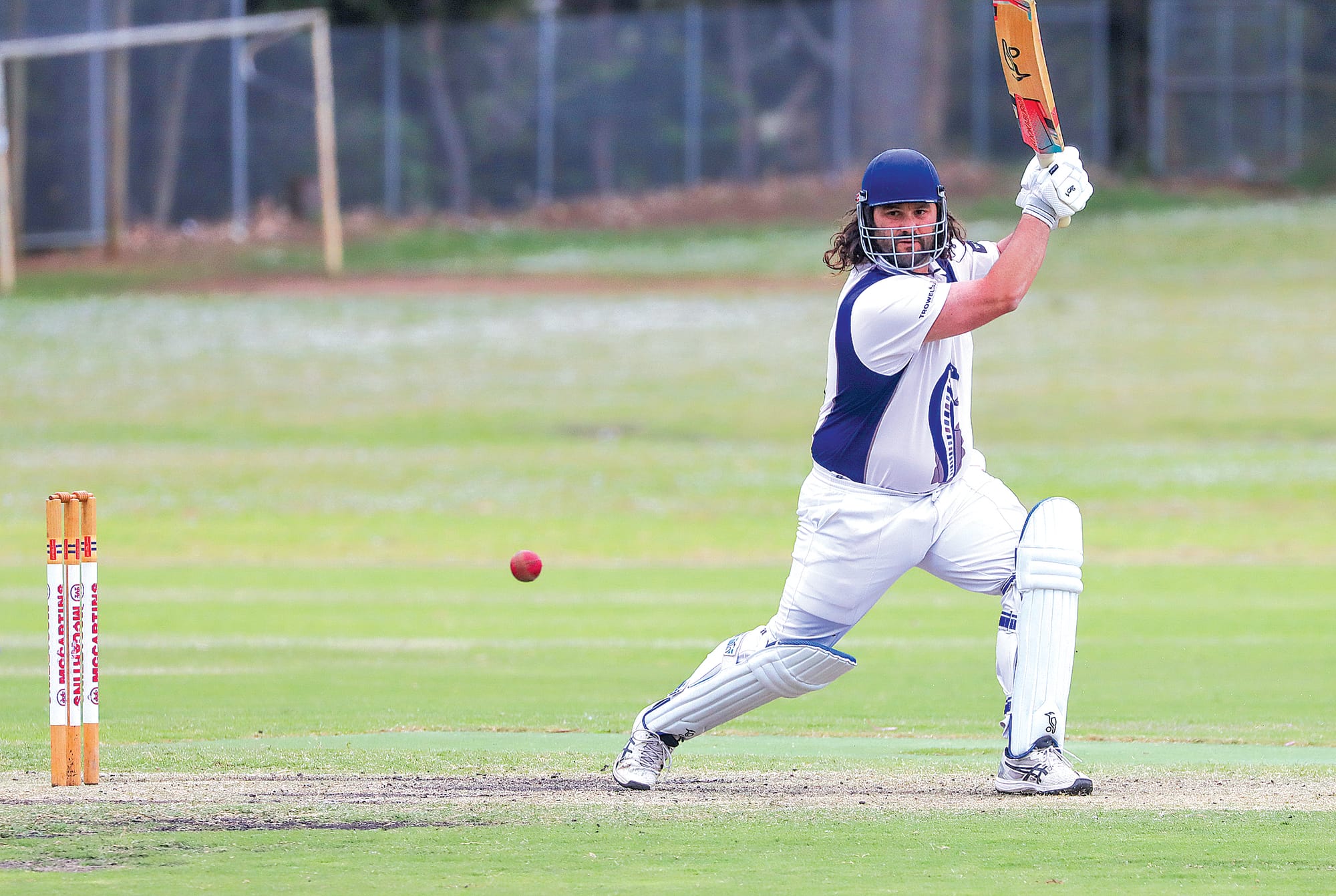 Mitch Young can’t get the ball away on this occasion, managing 15 runs for Korumburra against Leongatha Town in the sides’ A1 match. A19_4624
