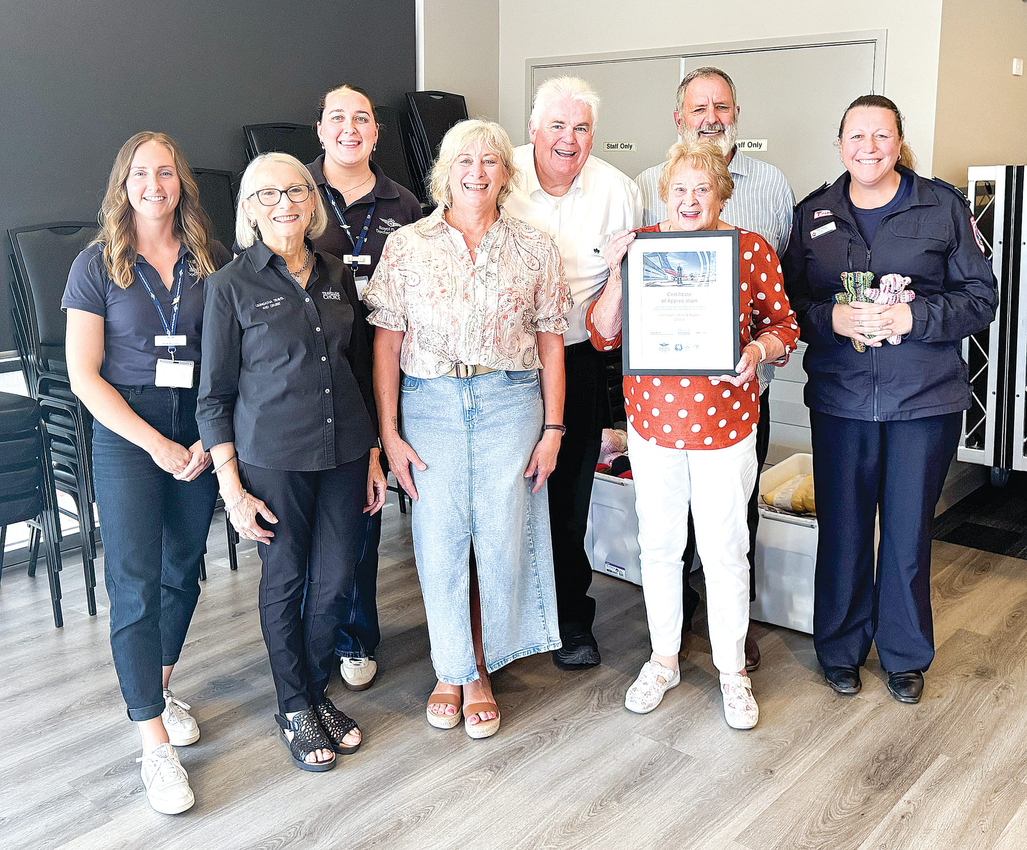 OneTomorrow, RFDS, Linda and Tony, Marion and Jill (Travel Associates) and Beck (Ambulance Victoria) with the Certificate of Appreciation.